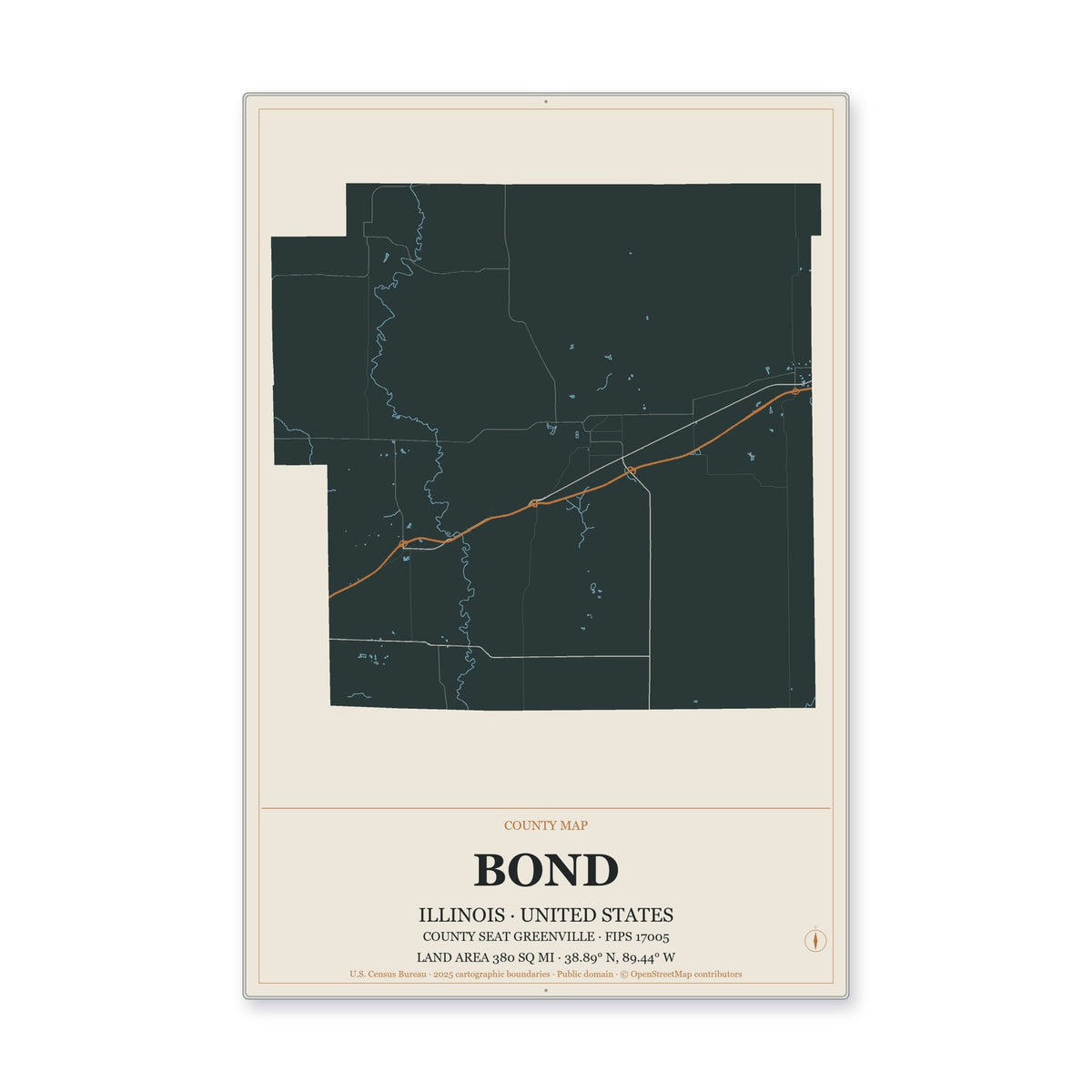 Bond County, Illinois Map Aluminum Sign in Headline Atlas style