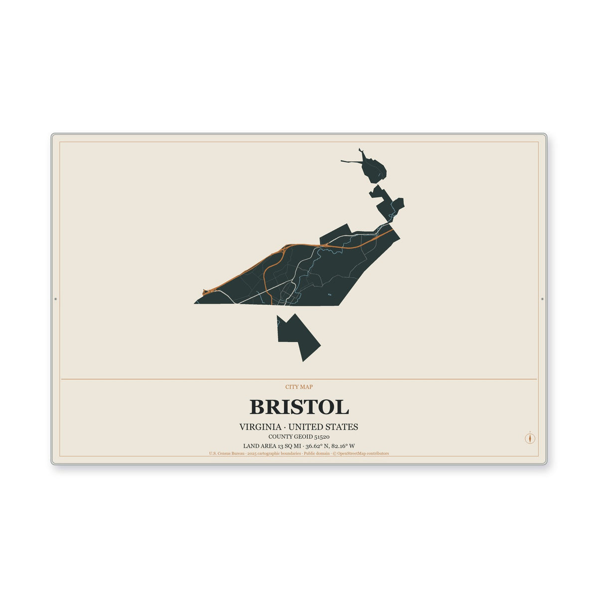 Bristol city, Virginia Map Aluminum Sign in Headline Atlas style