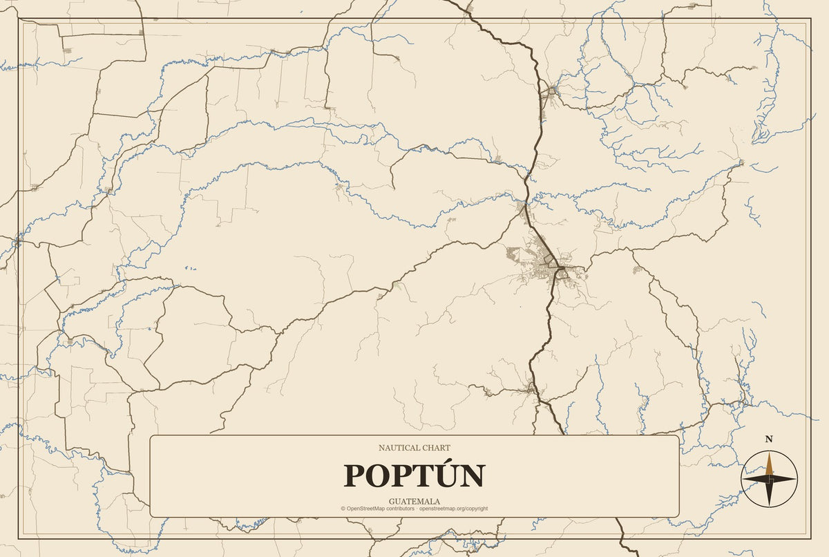 Poptún, Guatemala City Map Aluminum Sign in Heritage Nautical style