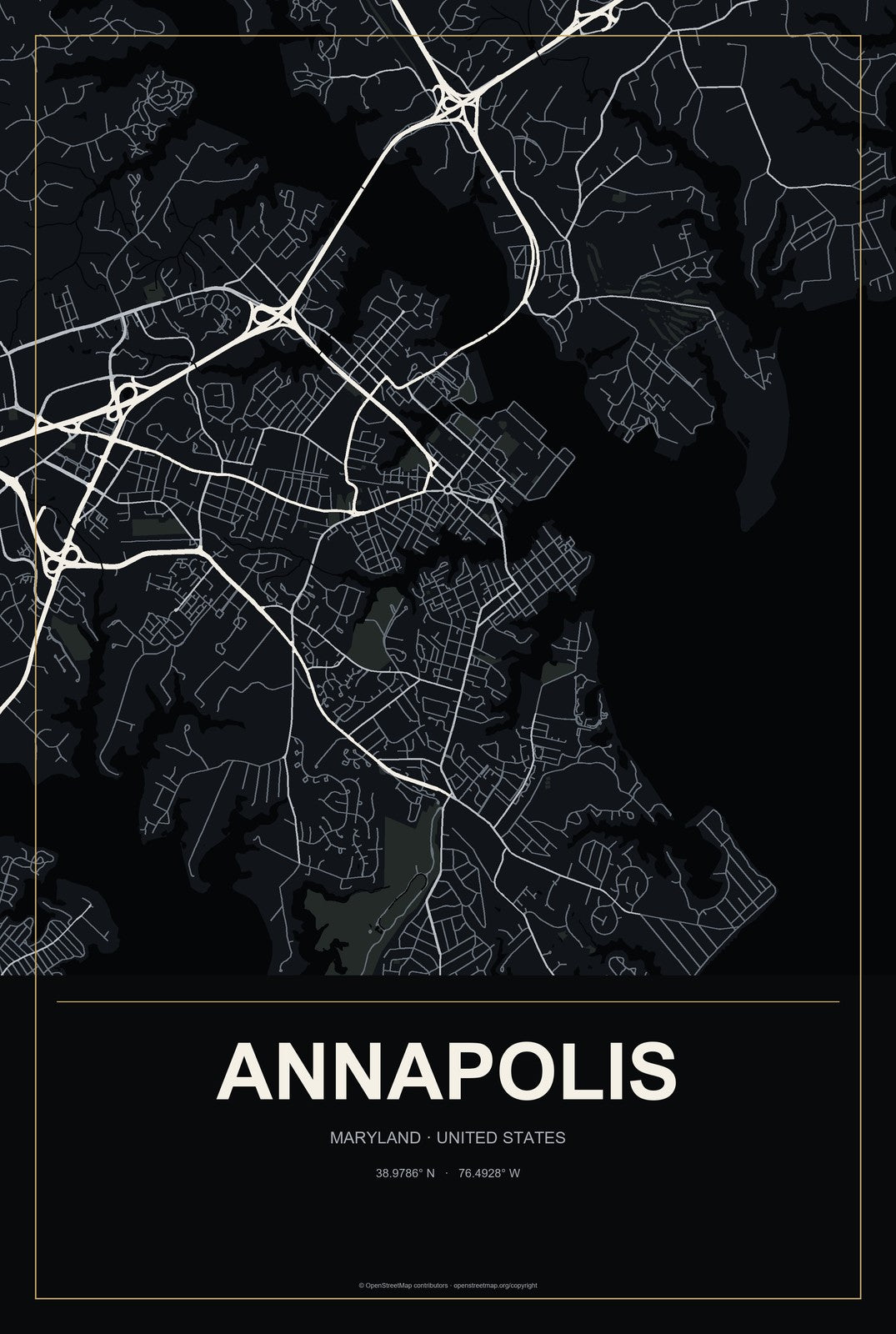 Annapolis, Maryland City Map Aluminum Sign in Metropolitan Noir style