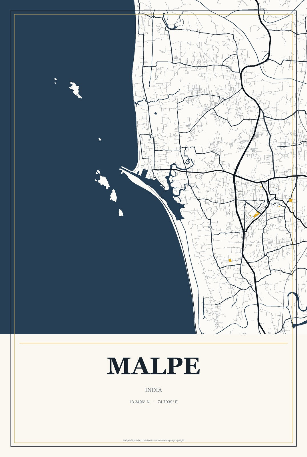Malpe, India City Map Aluminum Sign in Citrine Modern style