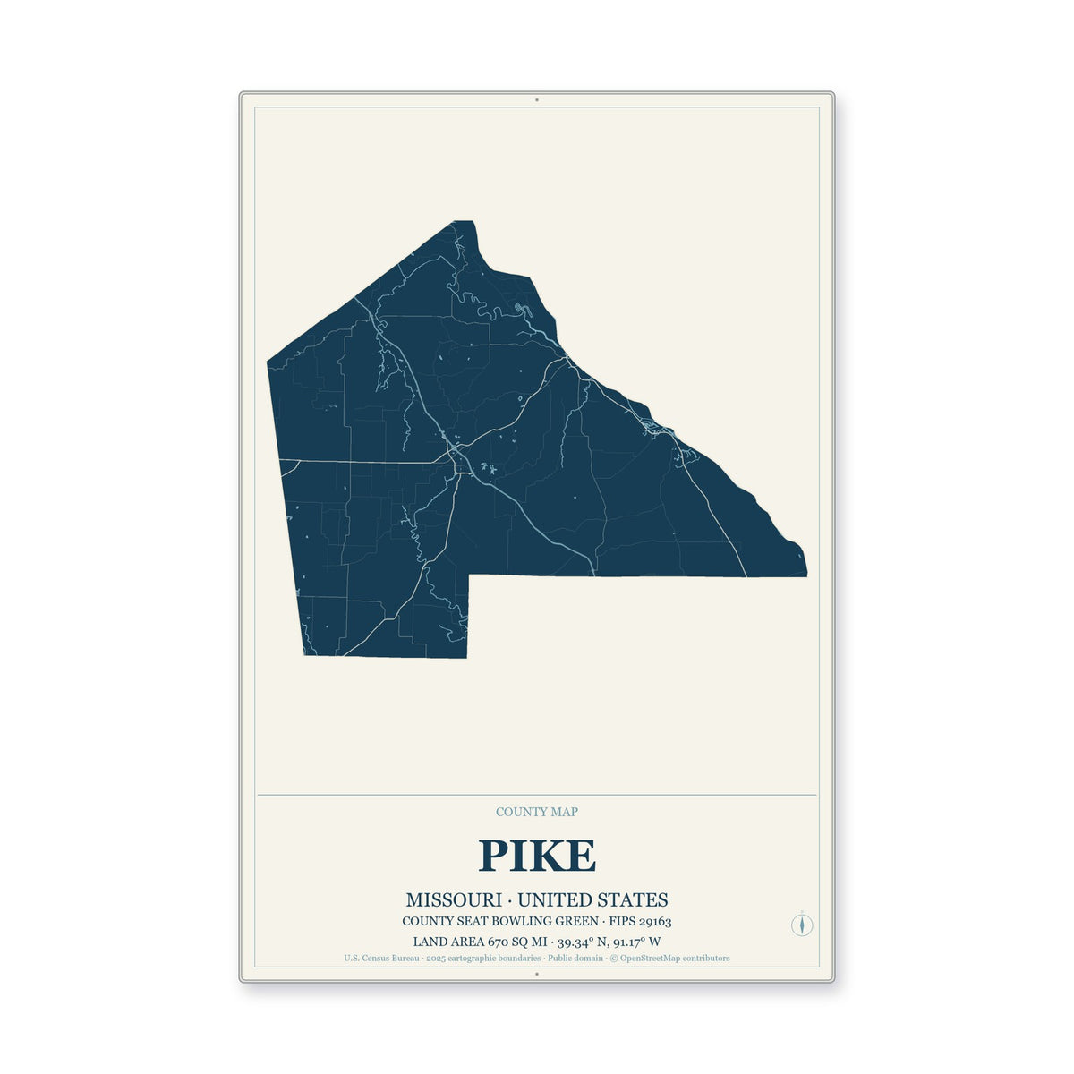 Pike County, Missouri Map Aluminum Sign in Coastal Cutout style