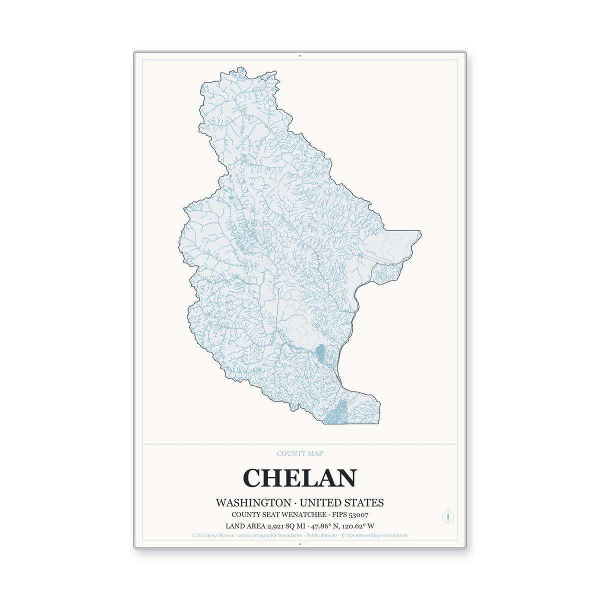 Chelan County, Washington Map Aluminum Sign in Gallery Air style
