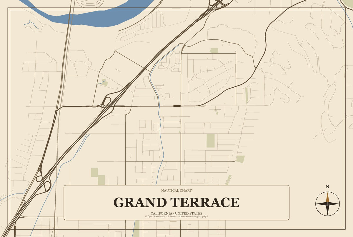 Grand Terrace, California City Map Aluminum Sign in Heritage Nautical style