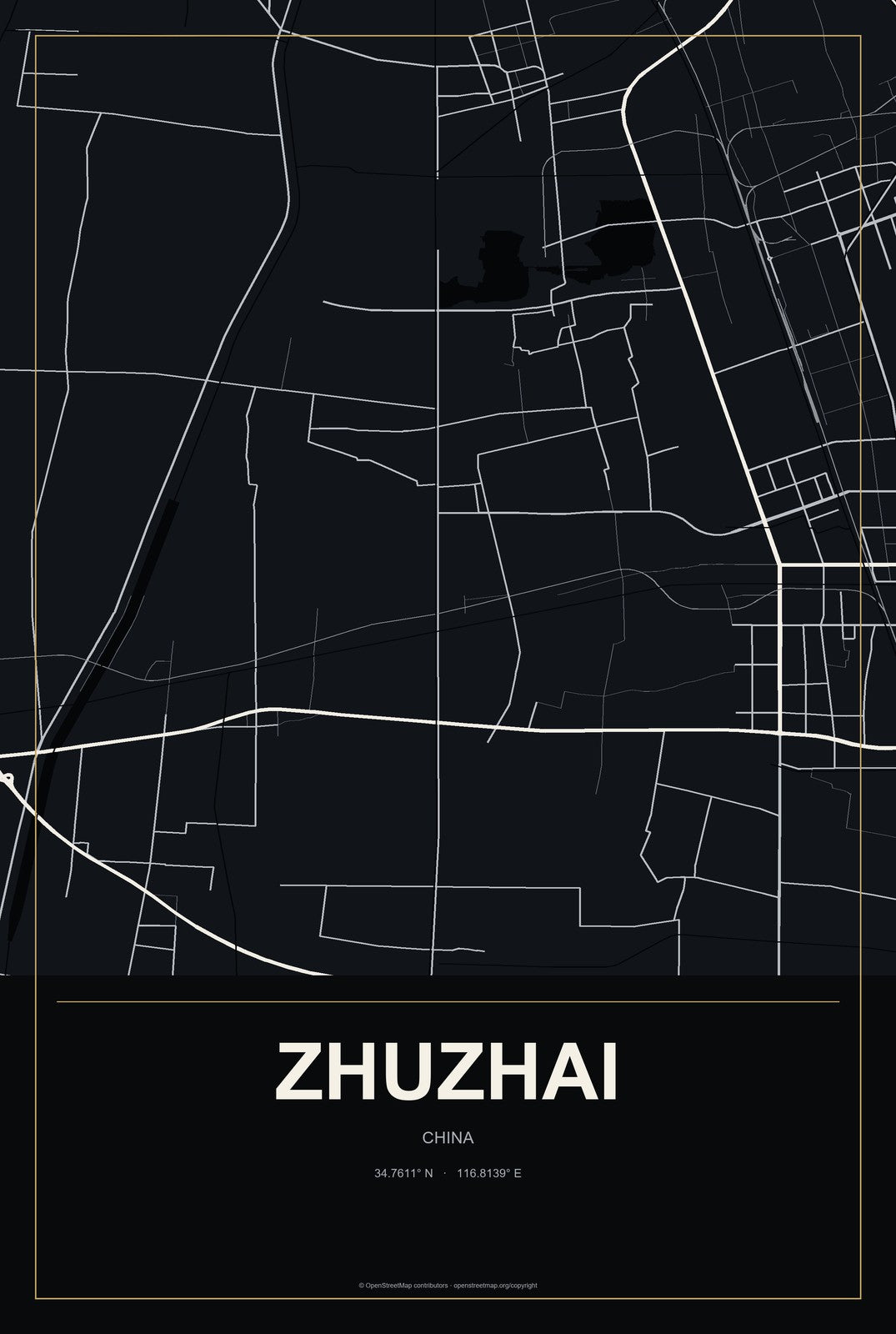 Zhuzhai, China City Map Aluminum Sign in Metropolitan Noir style