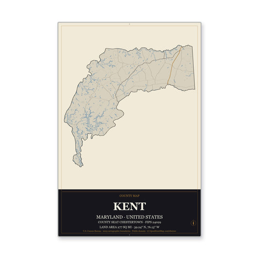 Kent County, Maryland Map Aluminum Sign in Museum Plaque style