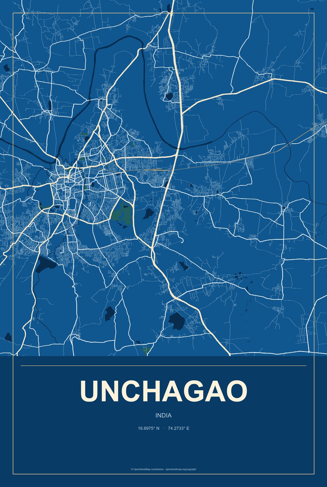 Unchagao, India City Map Aluminum Sign in Harbor Cobalt style