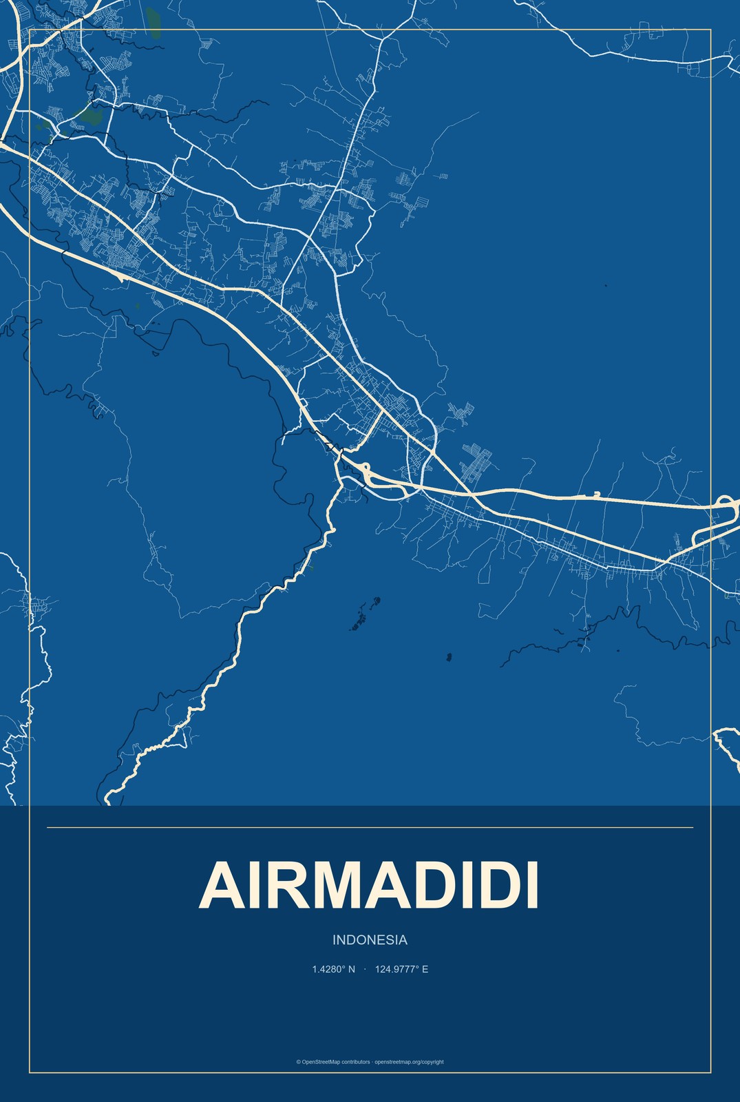 Airmadidi, Indonesia City Map Aluminum Sign in Harbor Cobalt style