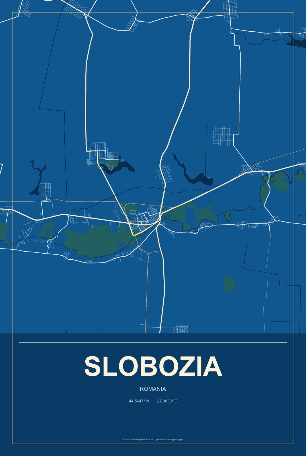 Slobozia, Romania City Map Aluminum Sign in Harbor Cobalt style