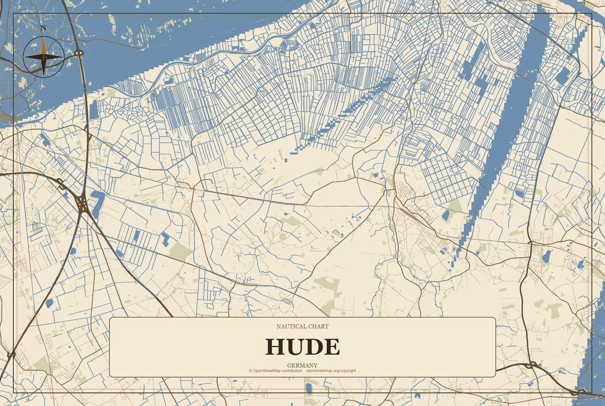 Hude, Germany City Map Aluminum Sign in Heritage Nautical style