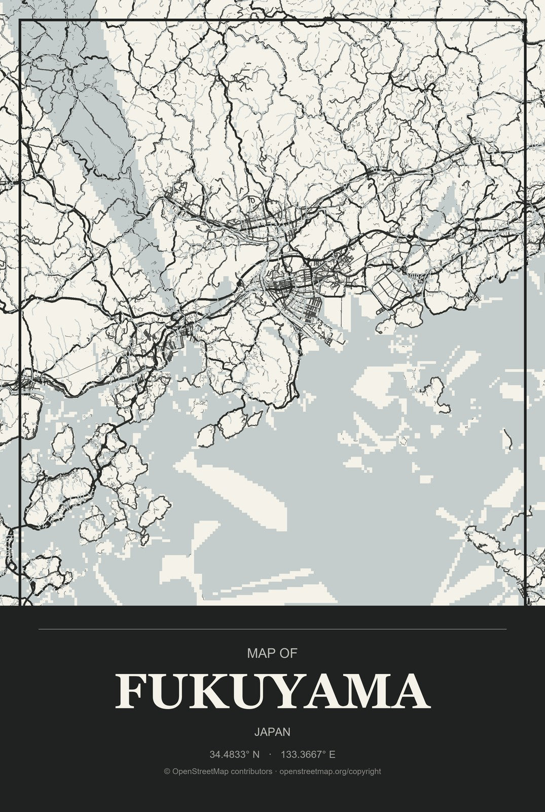 Fukuyama, Japan City Map Aluminum Sign in Museum Plaque style