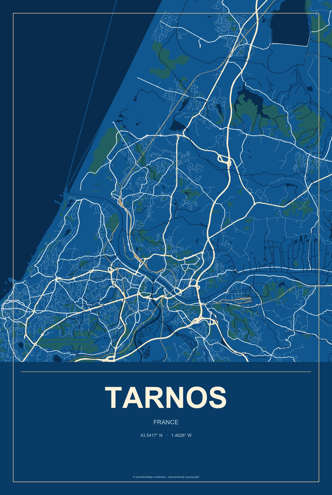 Tarnos, France City Map Aluminum Sign in Harbor Cobalt style