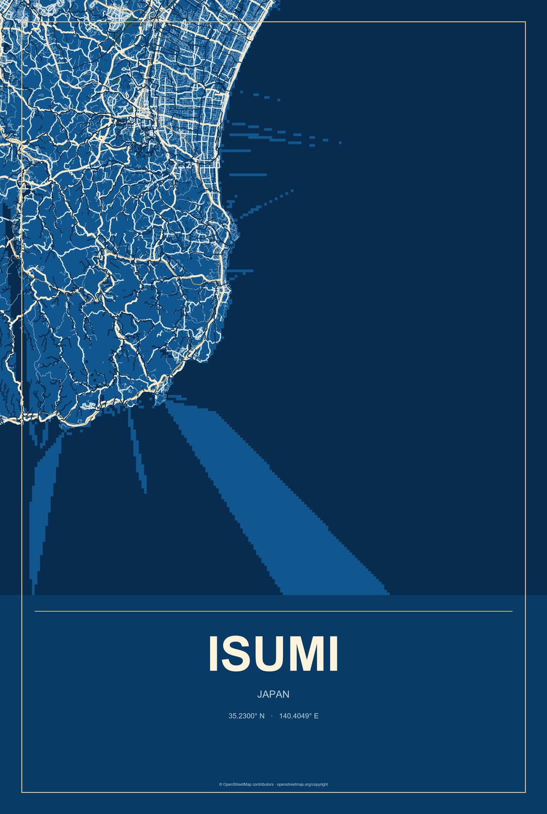 Isumi, Japan City Map Aluminum Sign in Harbor Cobalt style