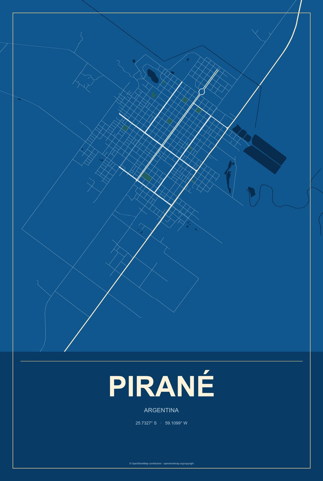 Pirané, Argentina City Map Aluminum Sign in Harbor Cobalt style