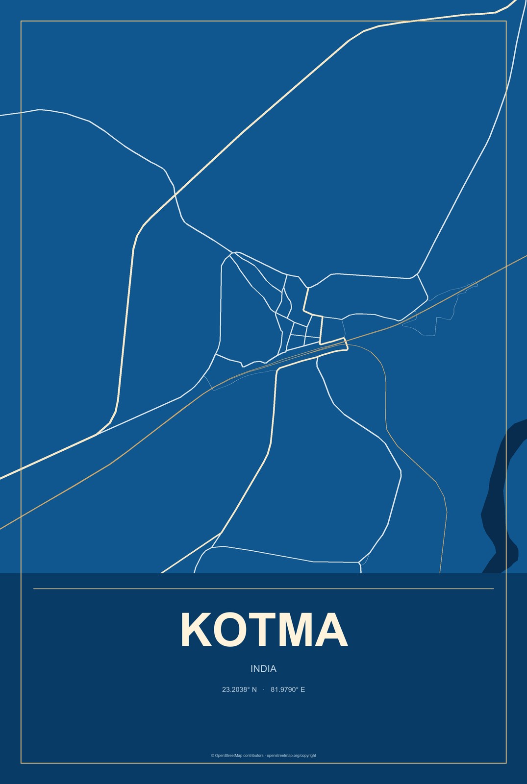 Kotma, India City Map Aluminum Sign in Harbor Cobalt style