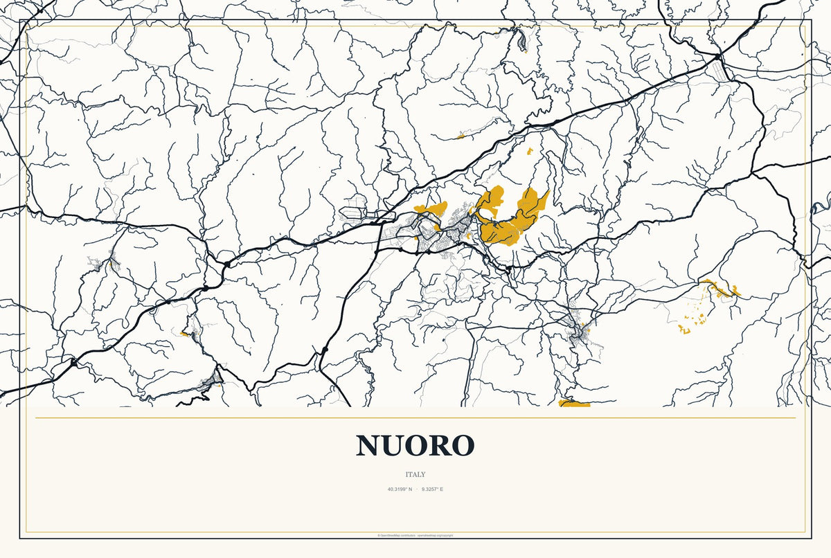 Nuoro, Italy City Map Aluminum Sign in Citrine Modern style