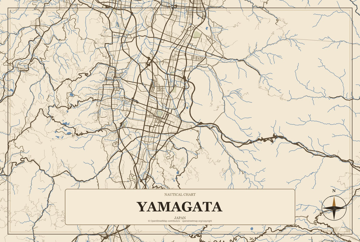 Yamagata, Yamagata, Japan City Map Aluminum Sign in Heritage Nautical style
