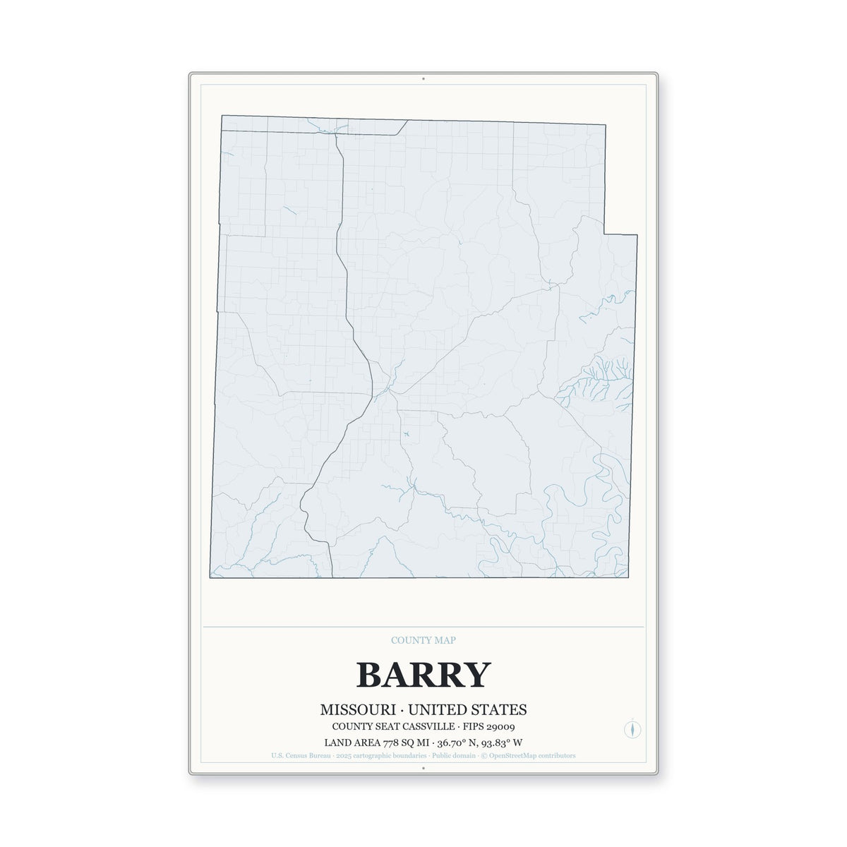 Barry County, Missouri Map Aluminum Sign in Gallery Air style