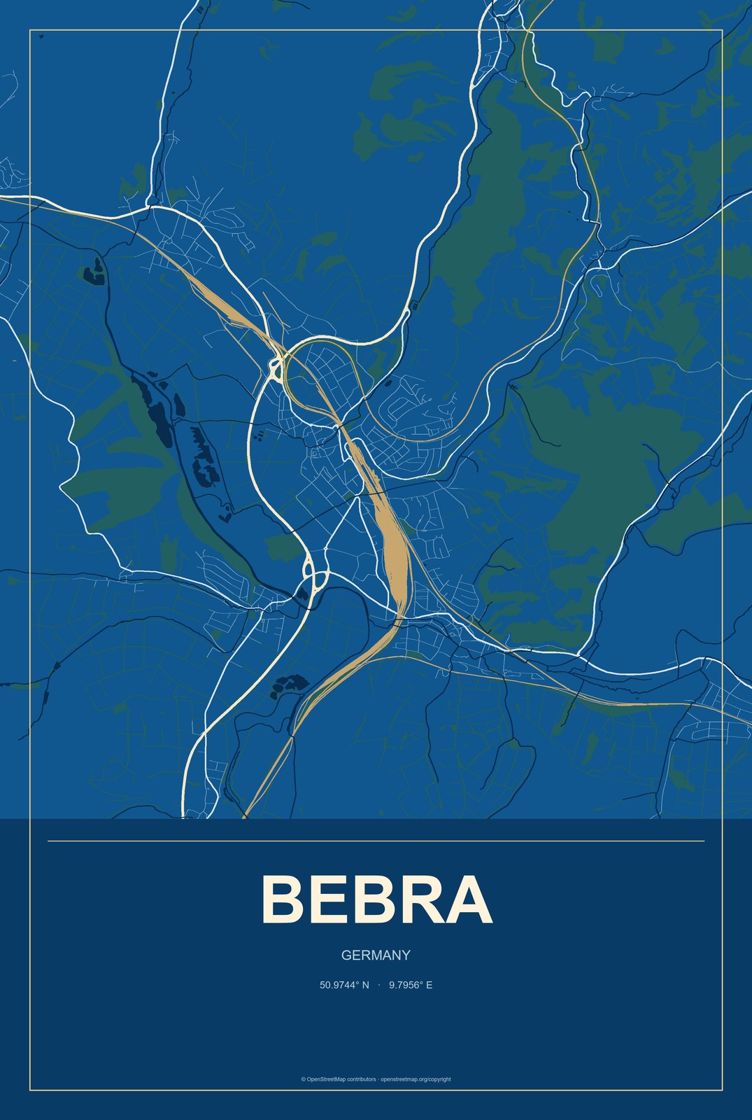Bebra, Germany City Map Aluminum Sign in Harbor Cobalt style
