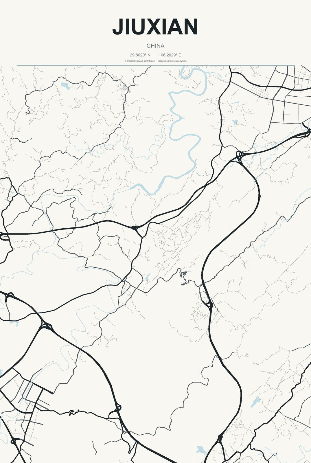 Jiuxian, China City Map Aluminum Sign in Headline Atlas style