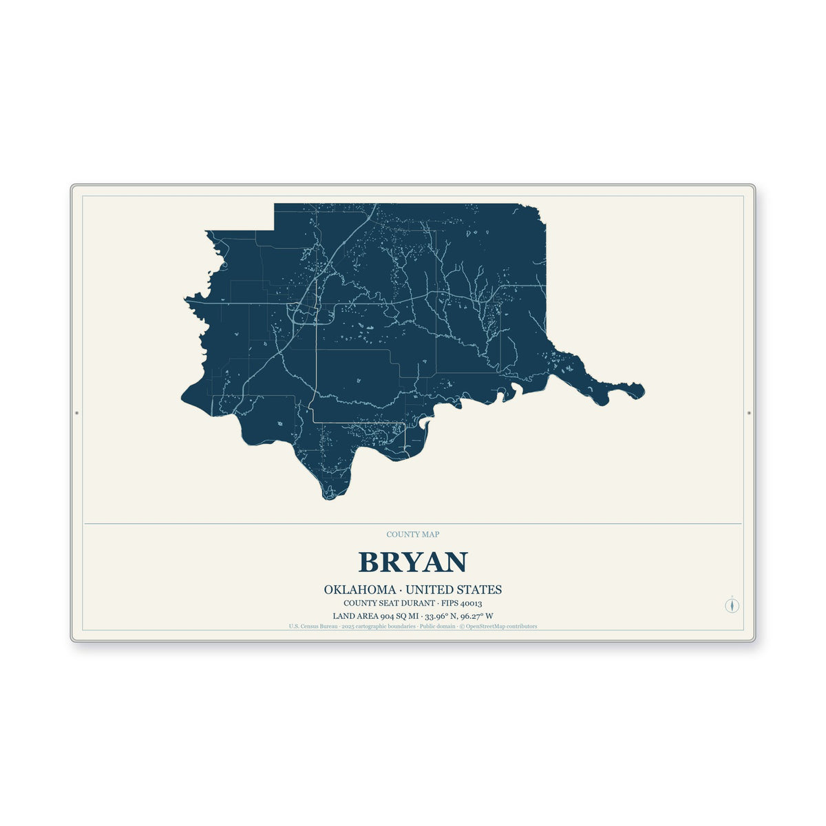 Bryan County, Oklahoma Map Aluminum Sign in Coastal Cutout style