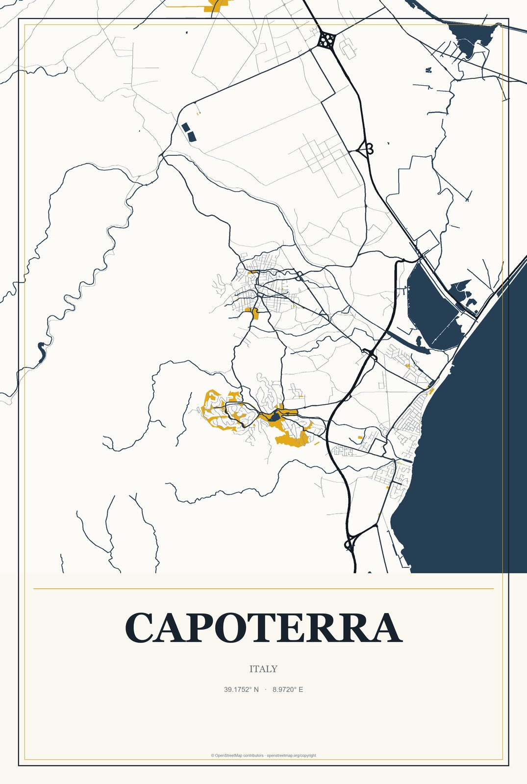 Capoterra, Italy City Map Aluminum Sign in Citrine Modern style