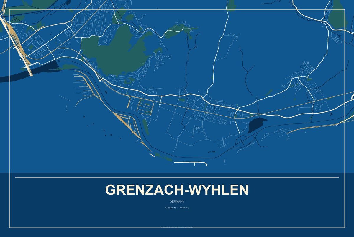 Grenzach-Wyhlen, Germany City Map Aluminum Sign in Harbor Cobalt style