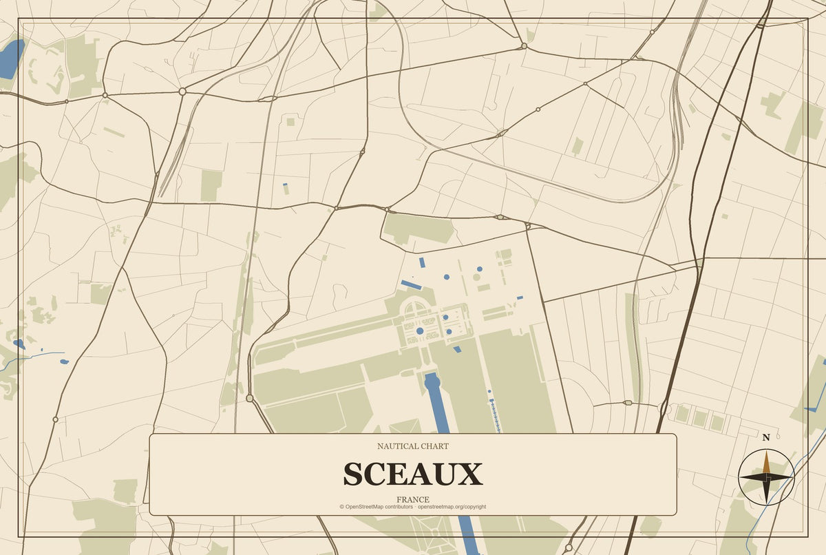 Sceaux, France City Map Aluminum Sign in Heritage Nautical style