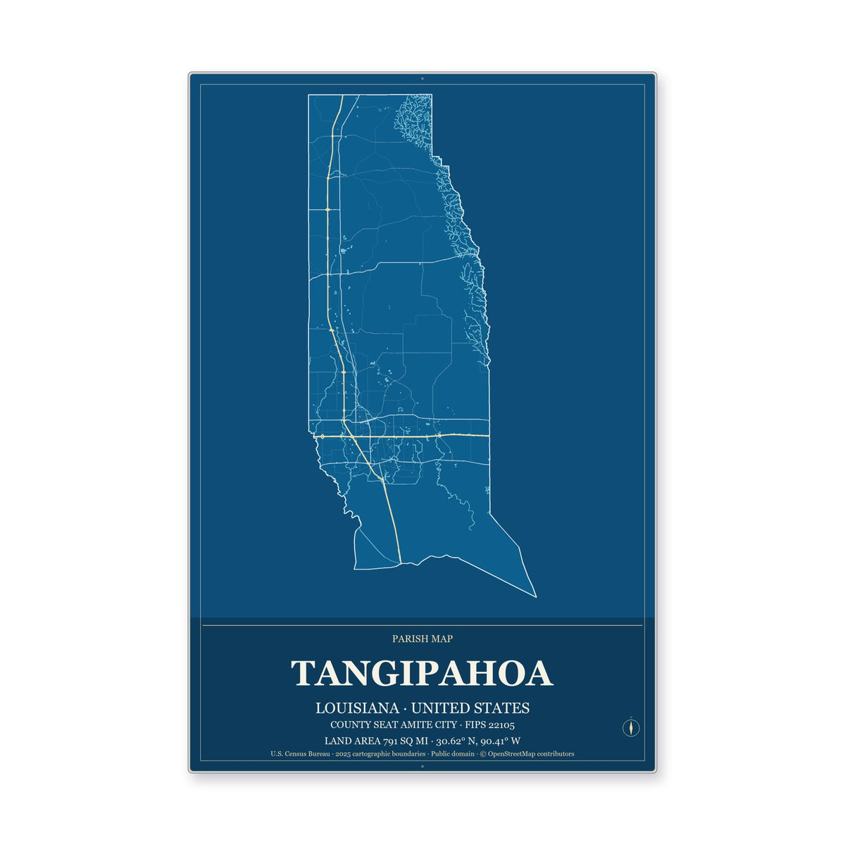 Tangipahoa Parish, Louisiana Map Aluminum Sign in Harbor Cobalt style