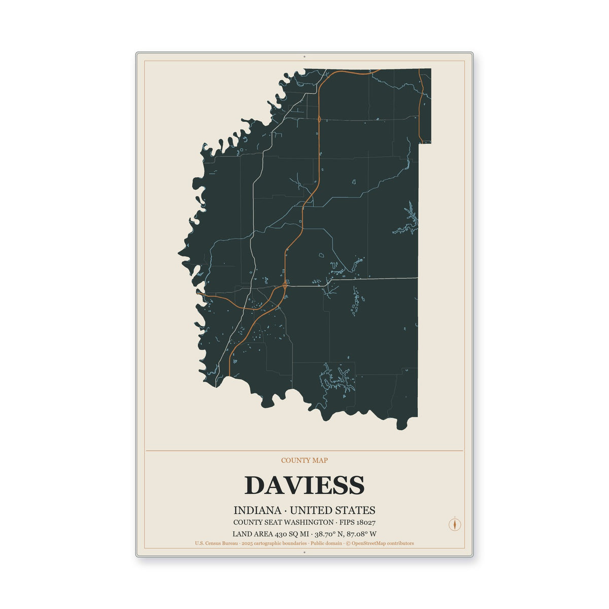Daviess County, Indiana Map Aluminum Sign in Headline Atlas style