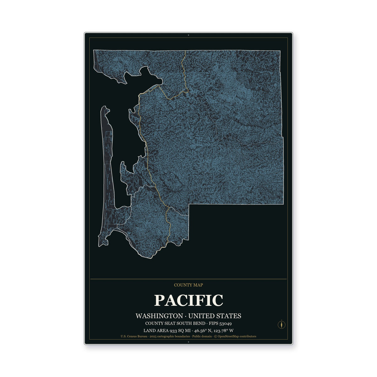 Pacific County, Washington Map Aluminum Sign in Metropolitan Noir style
