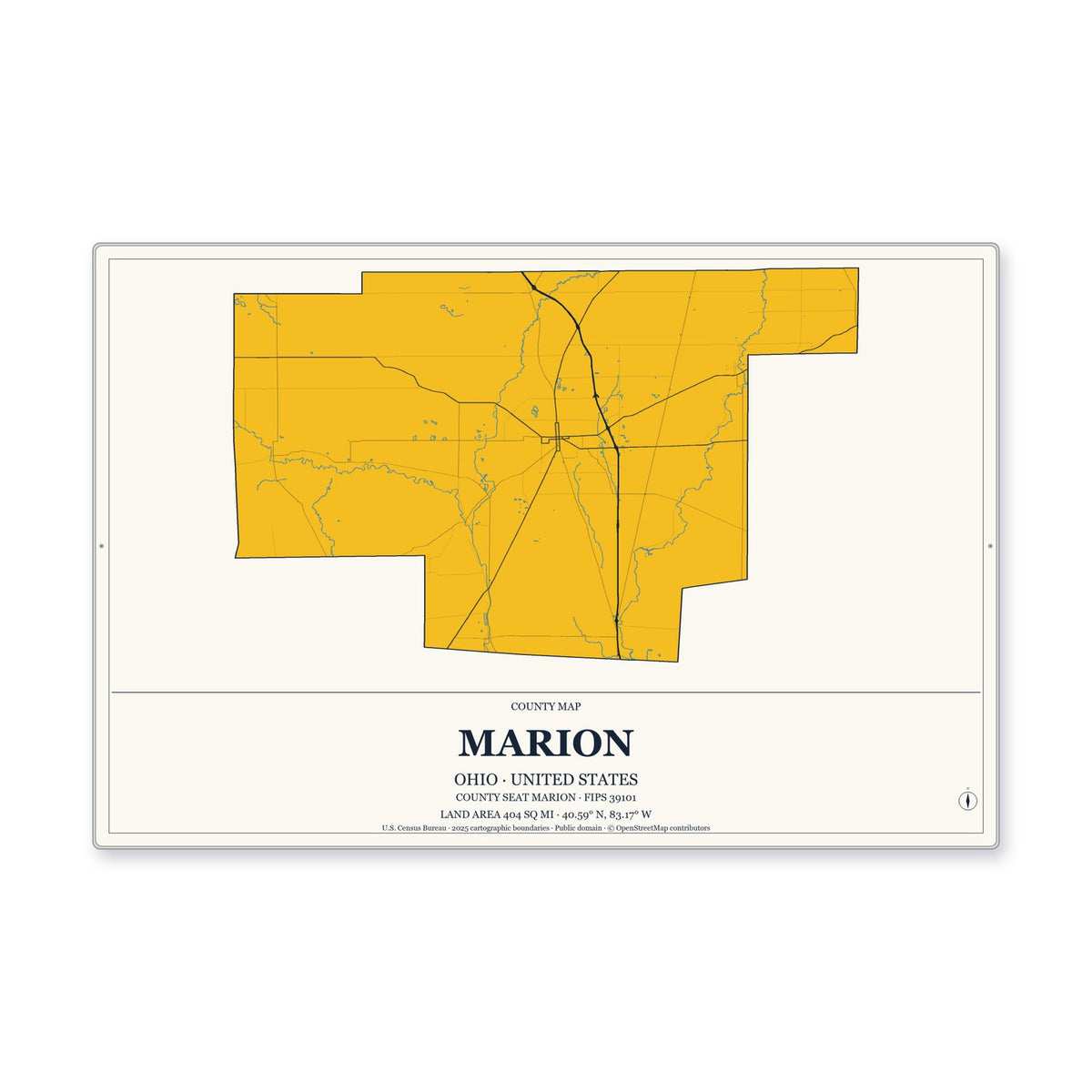 Marion County, Ohio Map Aluminum Sign in Citrine Modern style