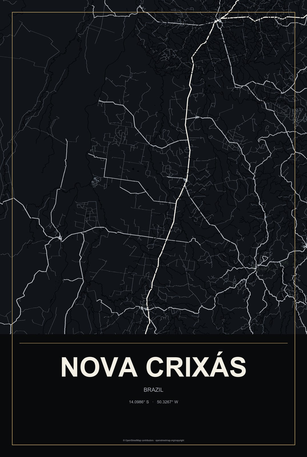 Nova Crixás, Brazil City Map Aluminum Sign in Metropolitan Noir style