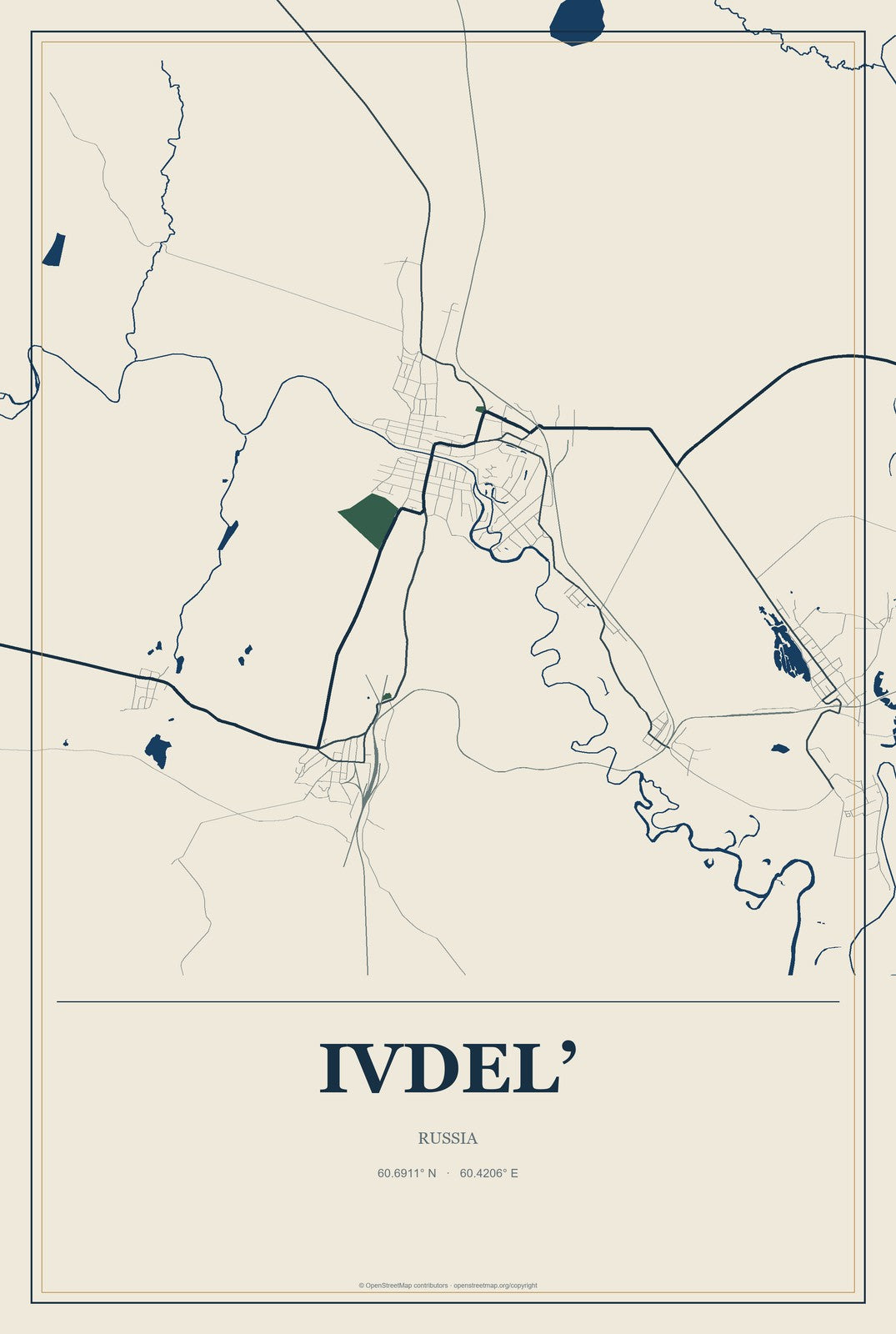 Ivdel’, Russia City Map Aluminum Sign in Coastal Cutout style