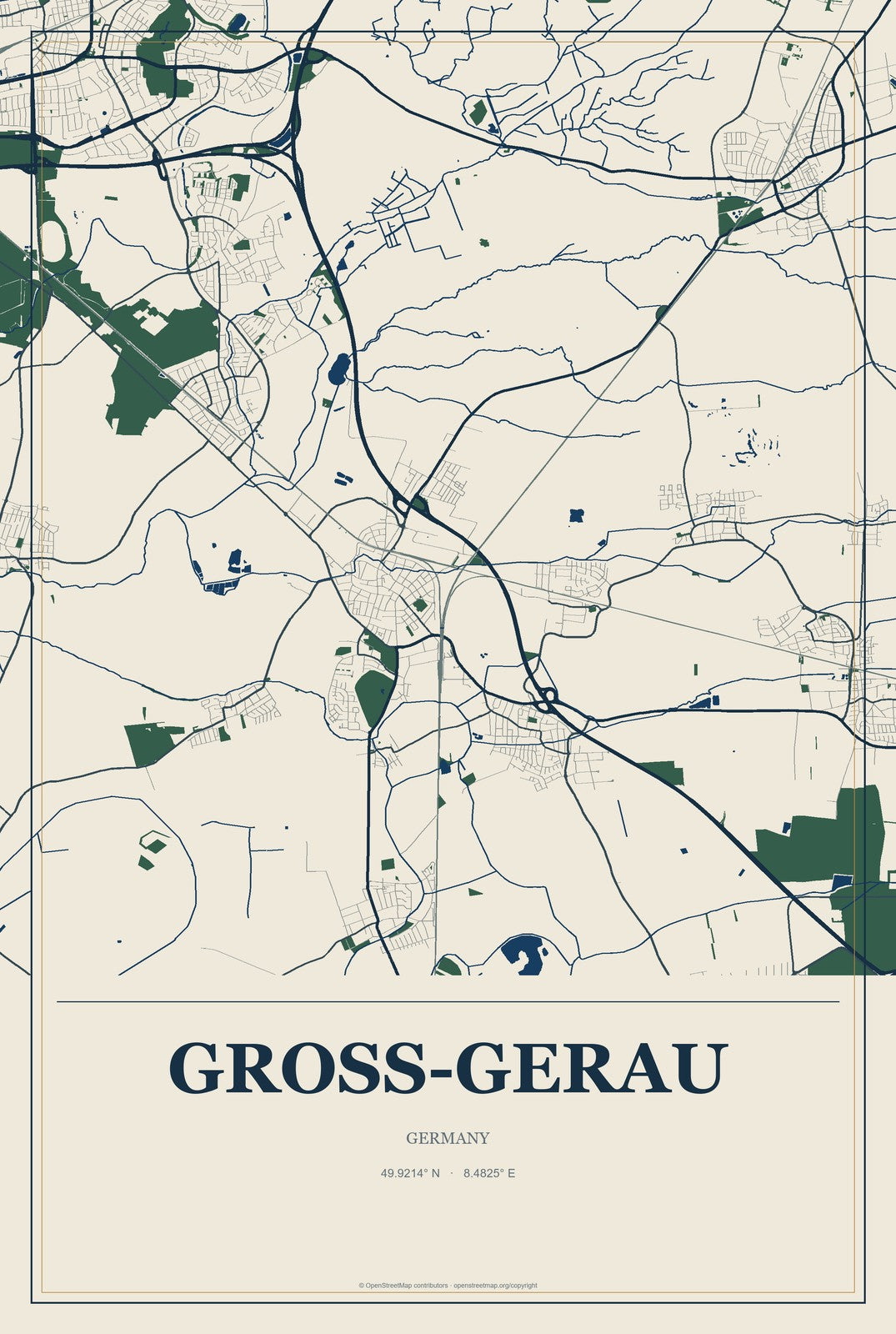Groß-Gerau, Germany City Map Aluminum Sign in Coastal Cutout style