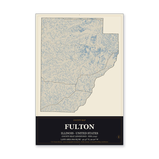 Fulton County, Illinois Map Aluminum Sign in Museum Plaque style