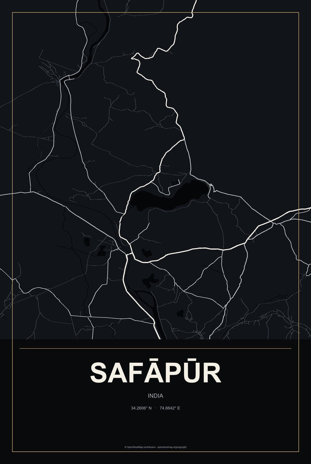 Safāpūr, India City Map Aluminum Sign in Metropolitan Noir style