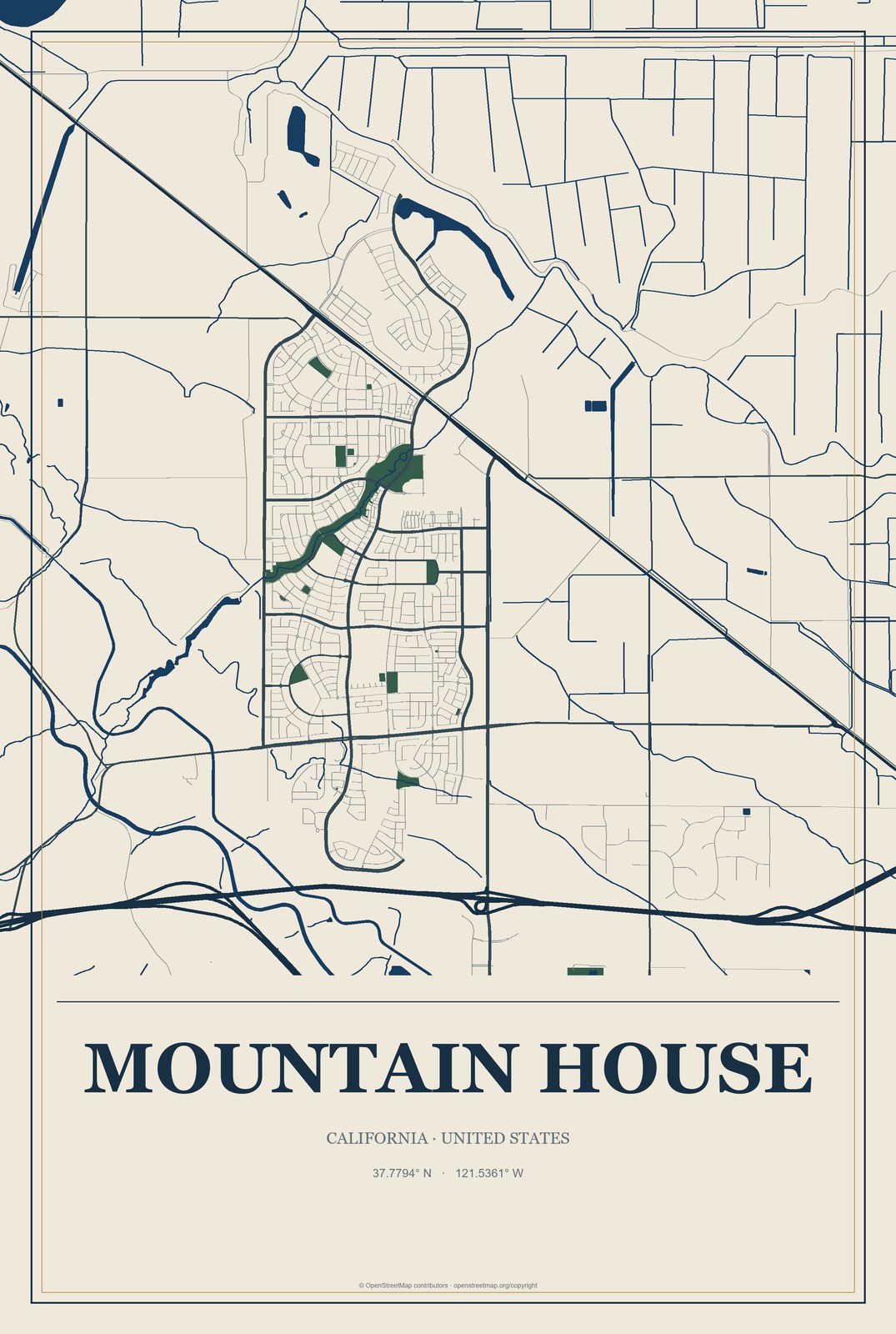 Mountain House, California City Map Aluminum Sign in Coastal Cutout style