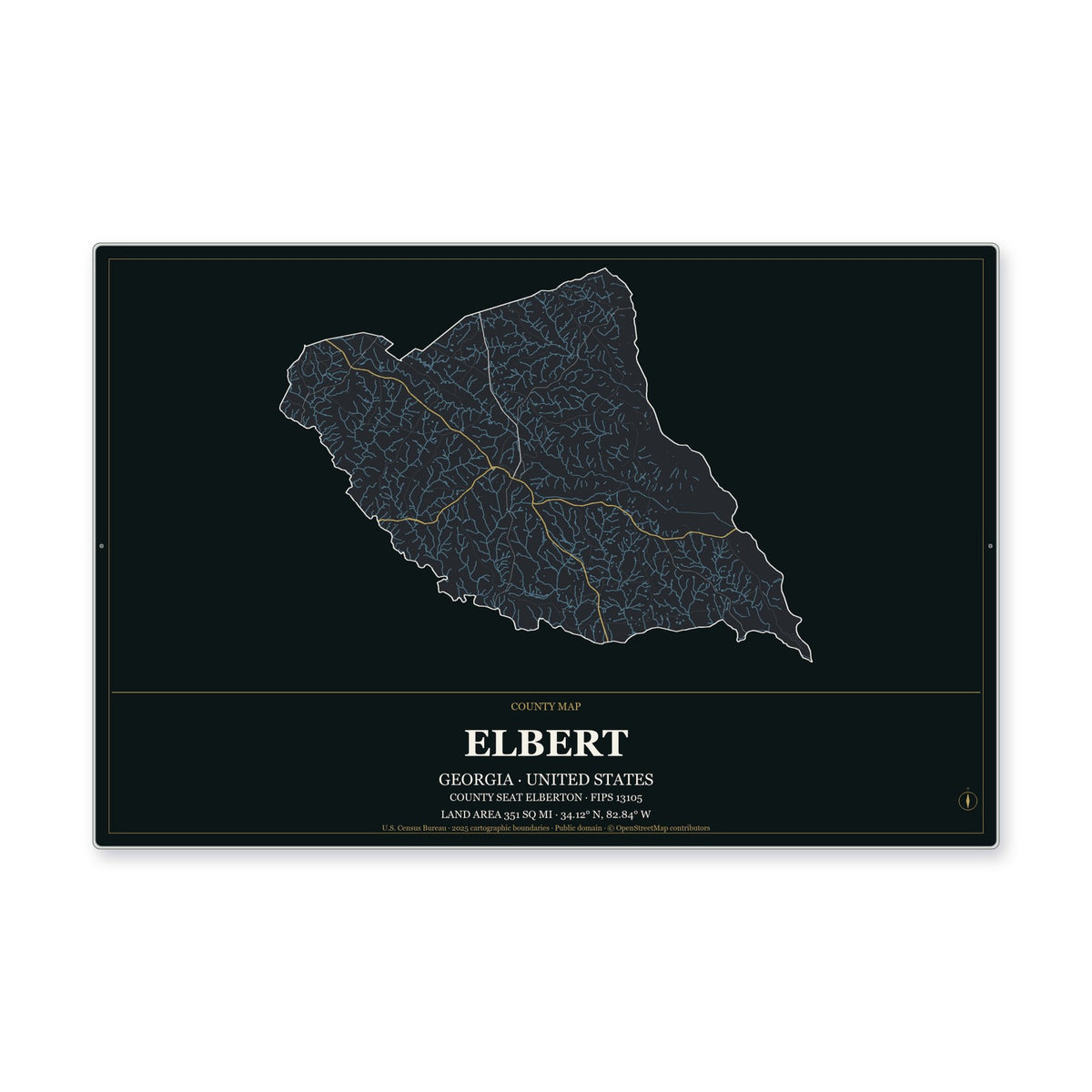 Elbert County, Georgia Map Aluminum Sign in Metropolitan Noir style