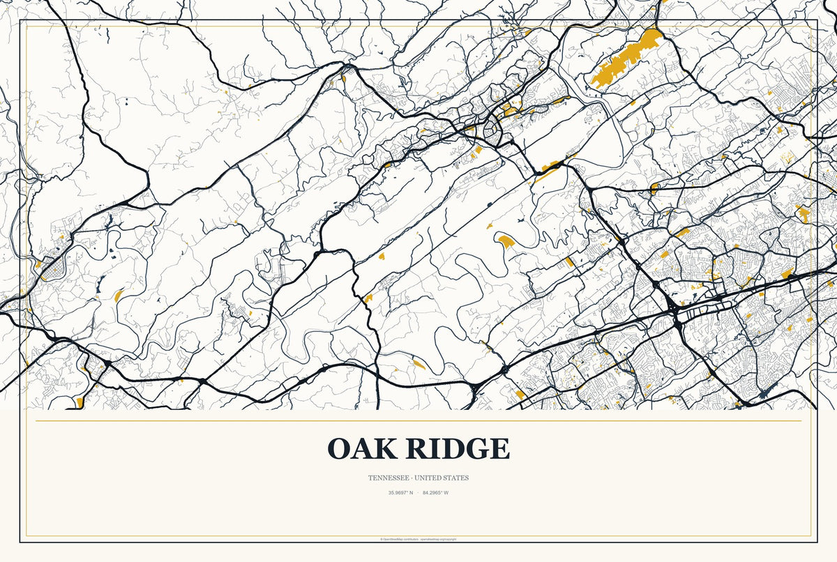 Oak Ridge, Tennessee City Map Aluminum Sign in Citrine Modern style