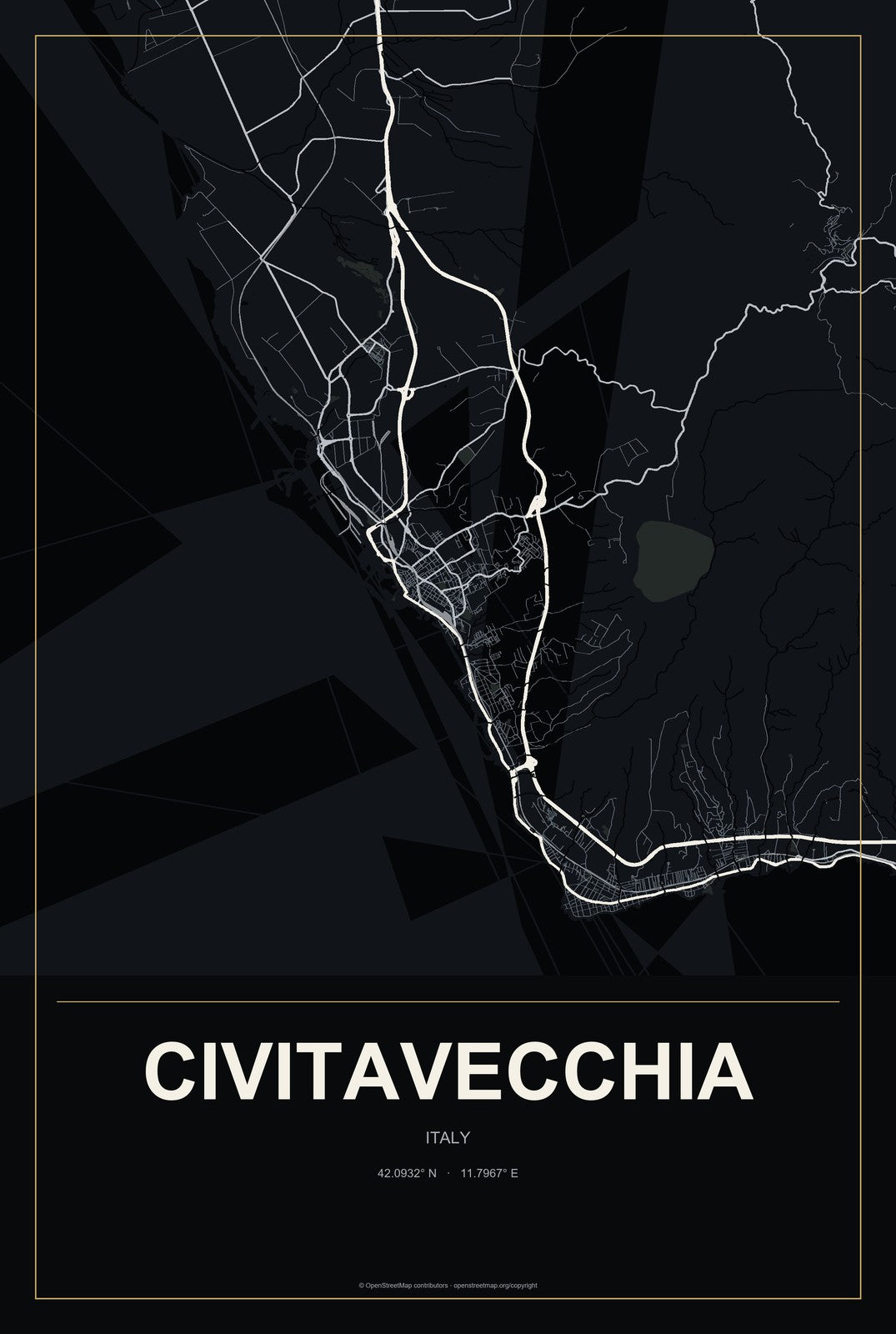 Civitavecchia, Italy City Map Aluminum Sign in Metropolitan Noir style