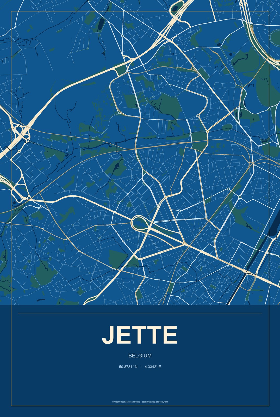 Jette, Belgium City Map Aluminum Sign in Harbor Cobalt style