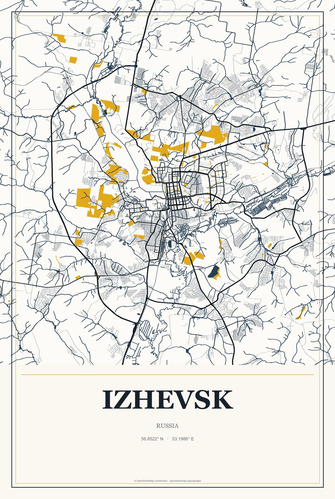 Izhevsk, Russia City Map Aluminum Sign in Citrine Modern style