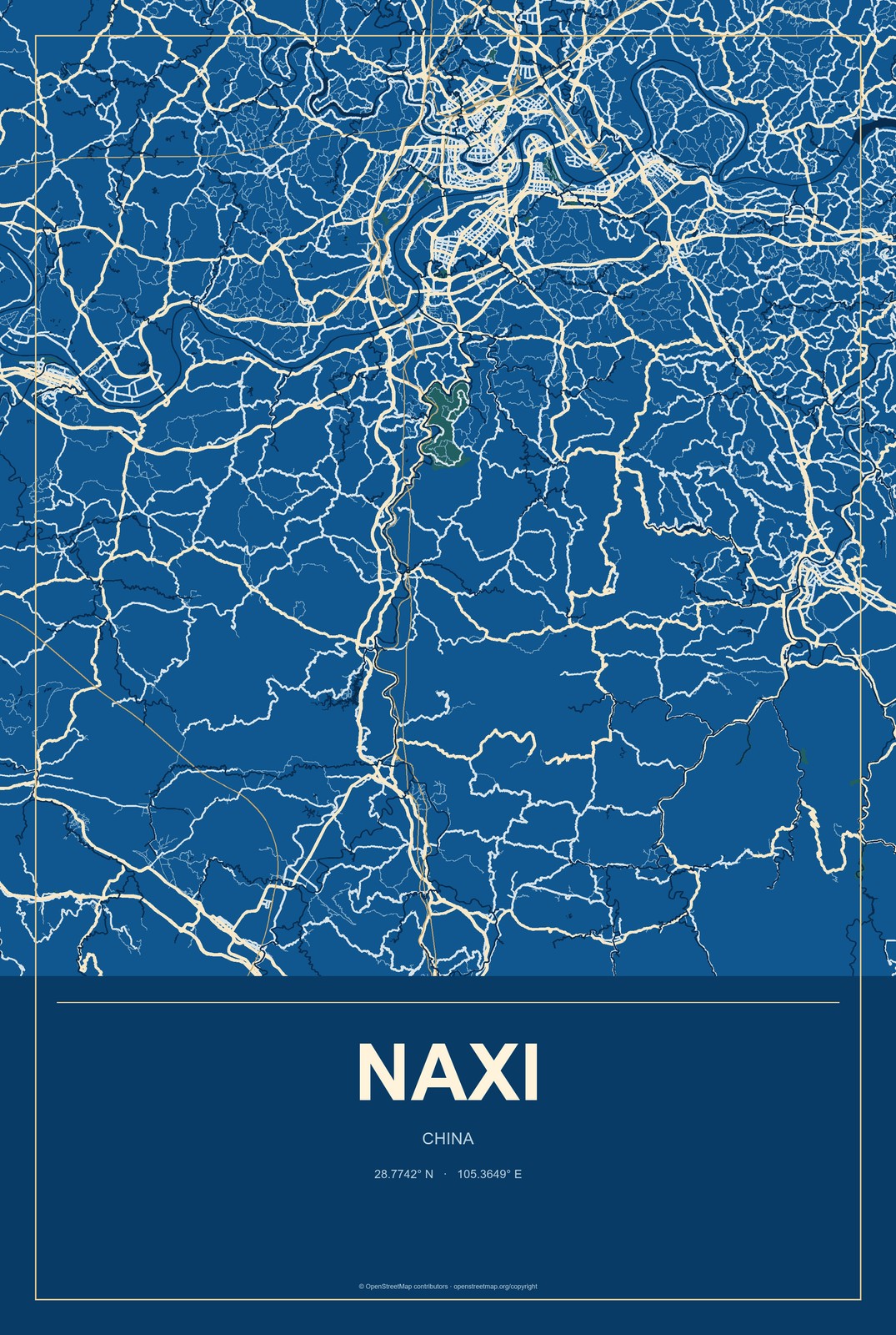 Naxi, China City Map Aluminum Sign in Harbor Cobalt style