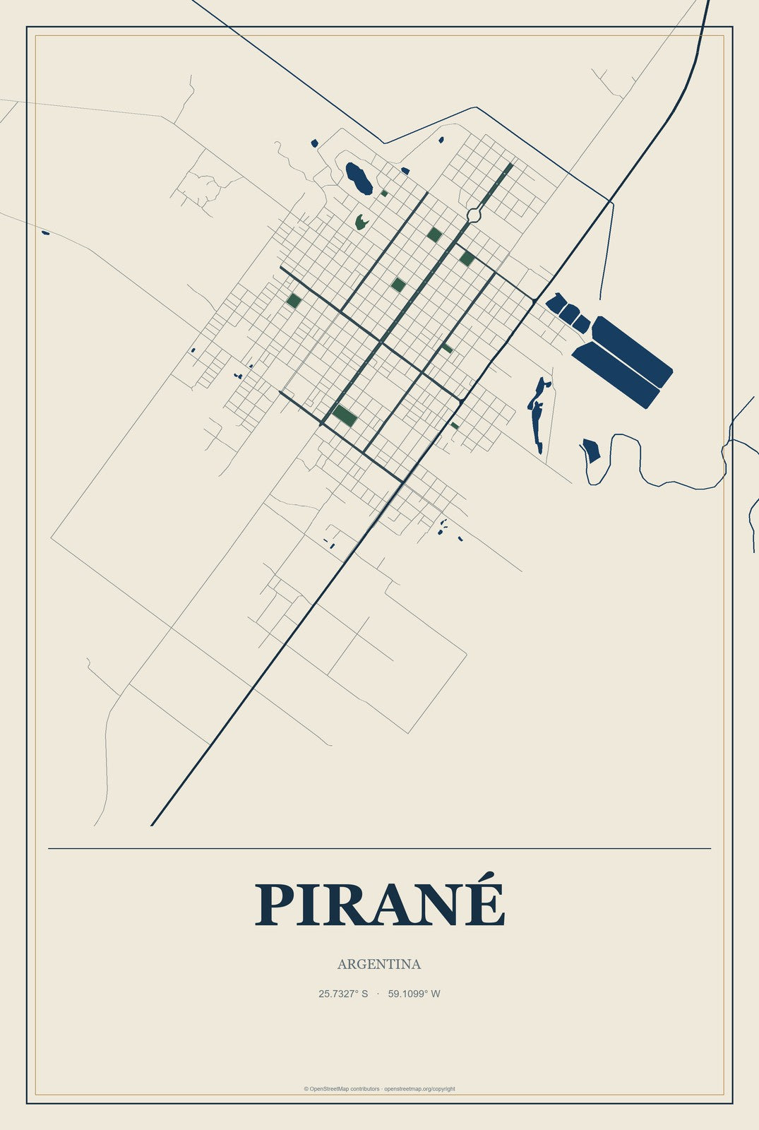 Pirané, Argentina City Map Aluminum Sign in Coastal Cutout style