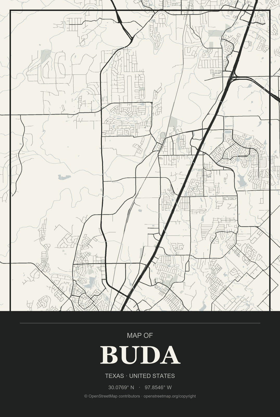 Buda, Texas City Map Aluminum Sign in Museum Plaque style