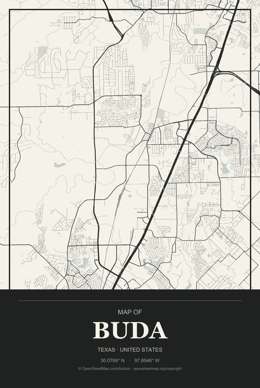 Buda, Texas City Map Aluminum Sign in Museum Plaque style