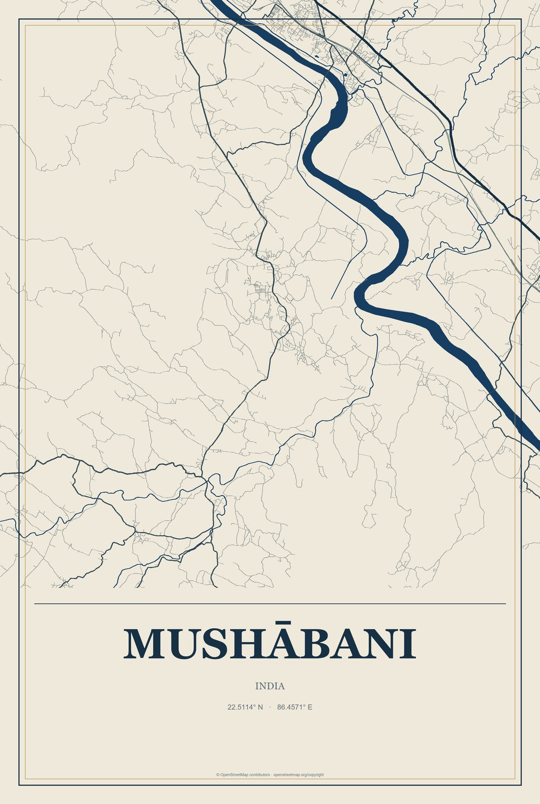 Mushābani, India City Map Aluminum Sign in Coastal Cutout style