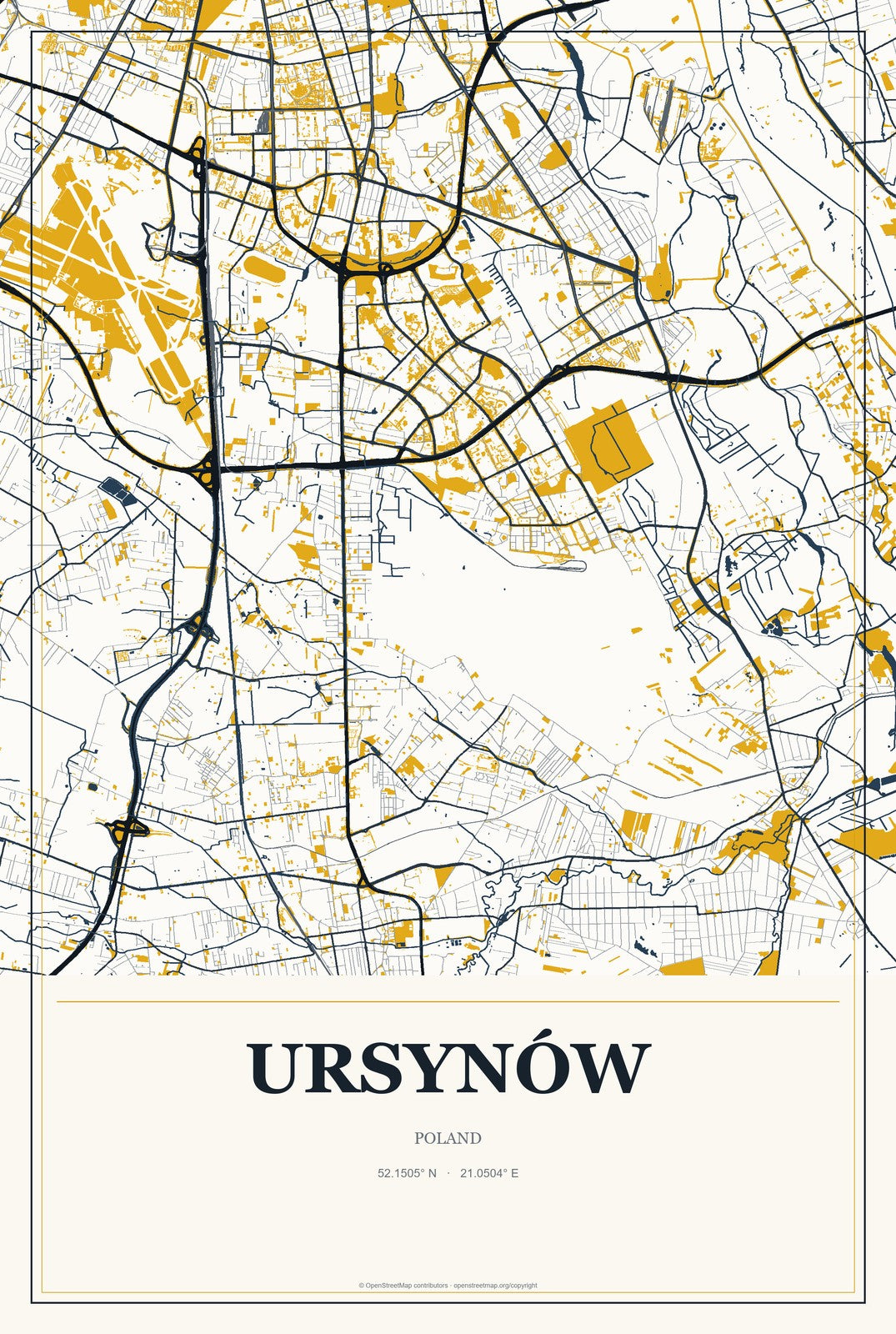 Ursynów, Poland City Map Aluminum Sign in Citrine Modern style