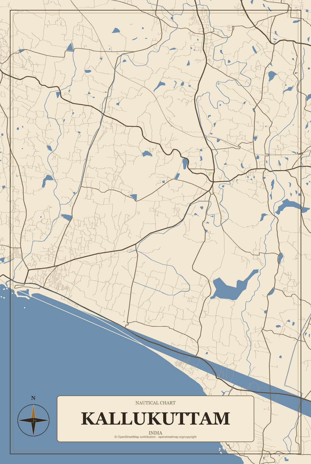 Kallukuttam, India City Map Aluminum Sign in Heritage Nautical style